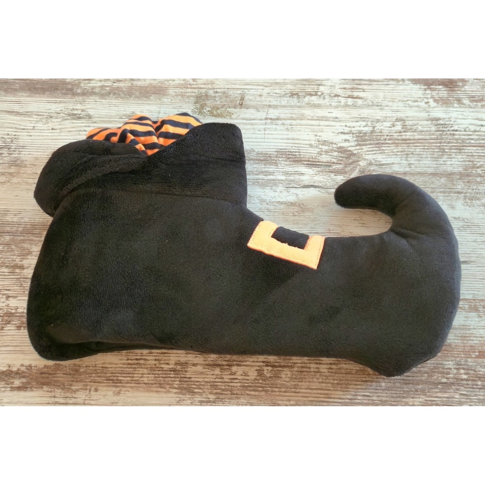 Plush Witch Boot Halloween Decoration Black Stuffed Toy Orange Striped Socks...